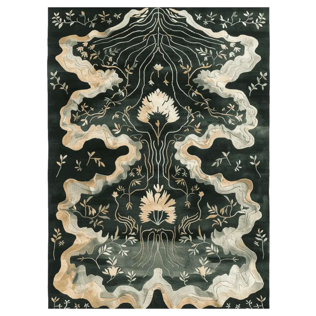 Top view of the Shadowed by Blossoms Hand Tufted Rug, an elegant area rug featuring intricate floral patterns in soft hues, perfect for adding a touch of nature to any living room. This 8x10 wool rug showcases detailed blossoms and flowing lines, making it an exquisite choice for those seeking a stylish floral rug.