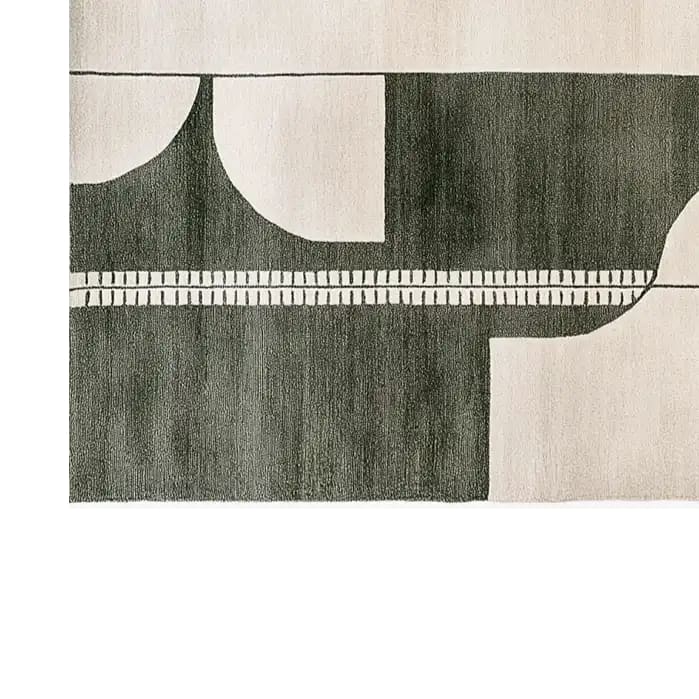 Top view of the Shadowed Elegance Knotted Wool Rug, showcasing its contemporary abstract design. This area rug features geometric patterns in dark and light tones, perfect for a modern living room setting. Ideal as a wool rug sized 8x10, it's a stylish choice for those seeking unique rugs for their living rooms.