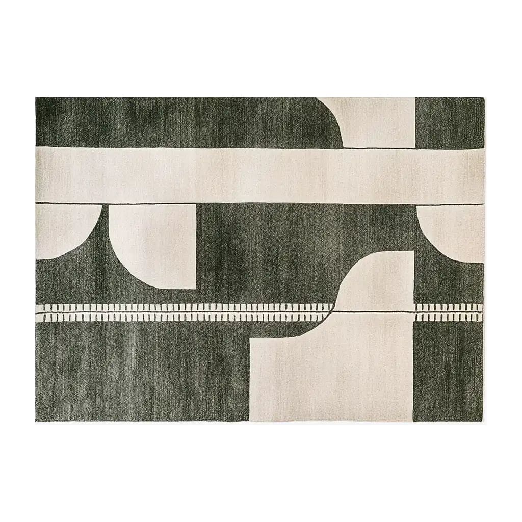 Top view of the Shadowed Elegance Knotted Wool Rug, featuring an abstract geometric design in neutral tones. This contemporary area rug is perfect for adding sophistication to any living room, available in an 8x10 size. Ideal for those seeking modern wool rugs that blend seamlessly with various decor styles.