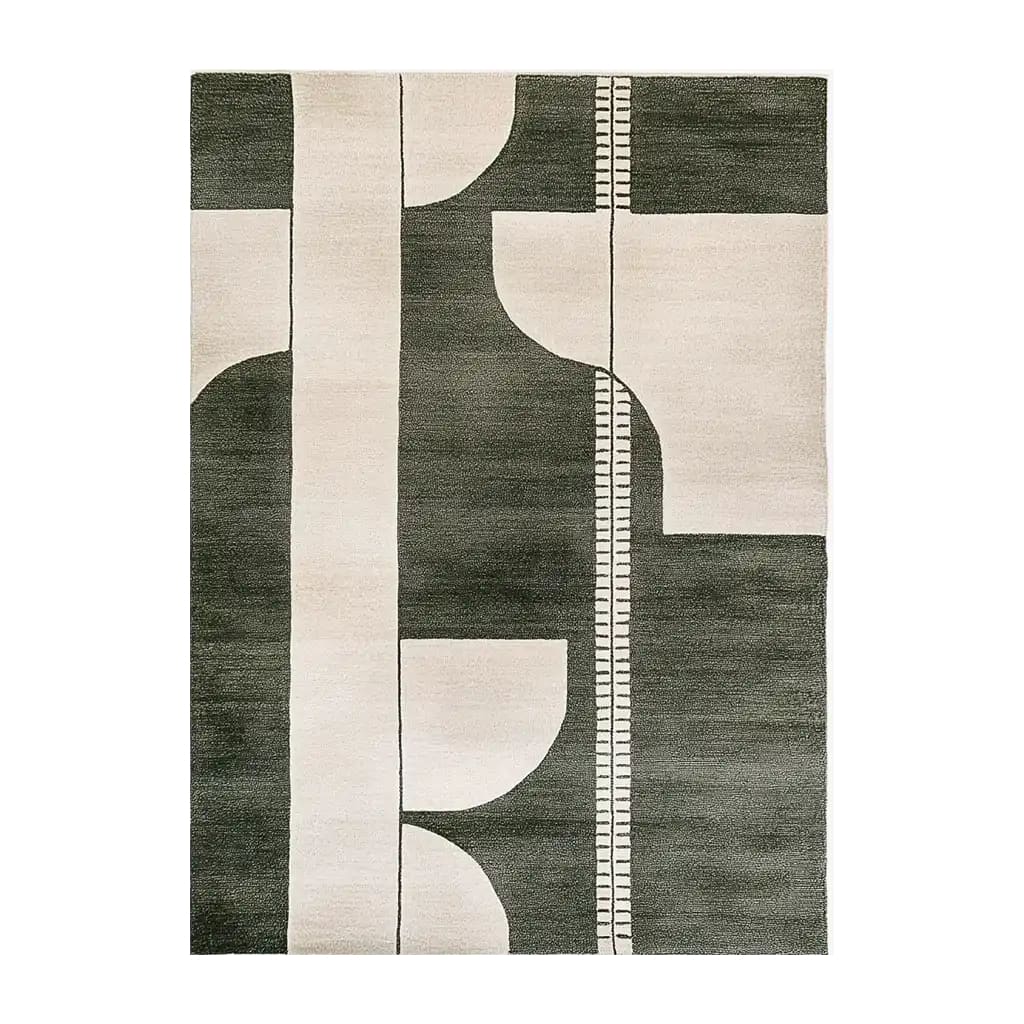 Top view of the Shadowed Elegance Knotted Wool Rug featuring a contemporary abstract design in shades of black and cream. This area rug, perfect for modern spaces, adds a touch of sophistication to any living room. Ideal size for living room rugs 8x10.