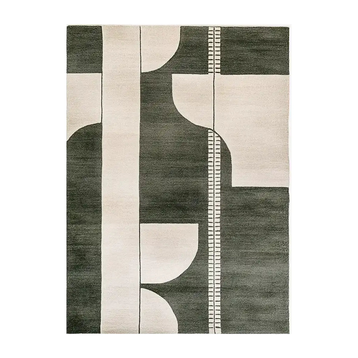 Top view of the Shadowed Elegance Knotted Wool Rug featuring a contemporary abstract design in shades of black and cream. This area rug, perfect for modern spaces, adds a touch of sophistication to any living room. Ideal size for living room rugs 8x10.