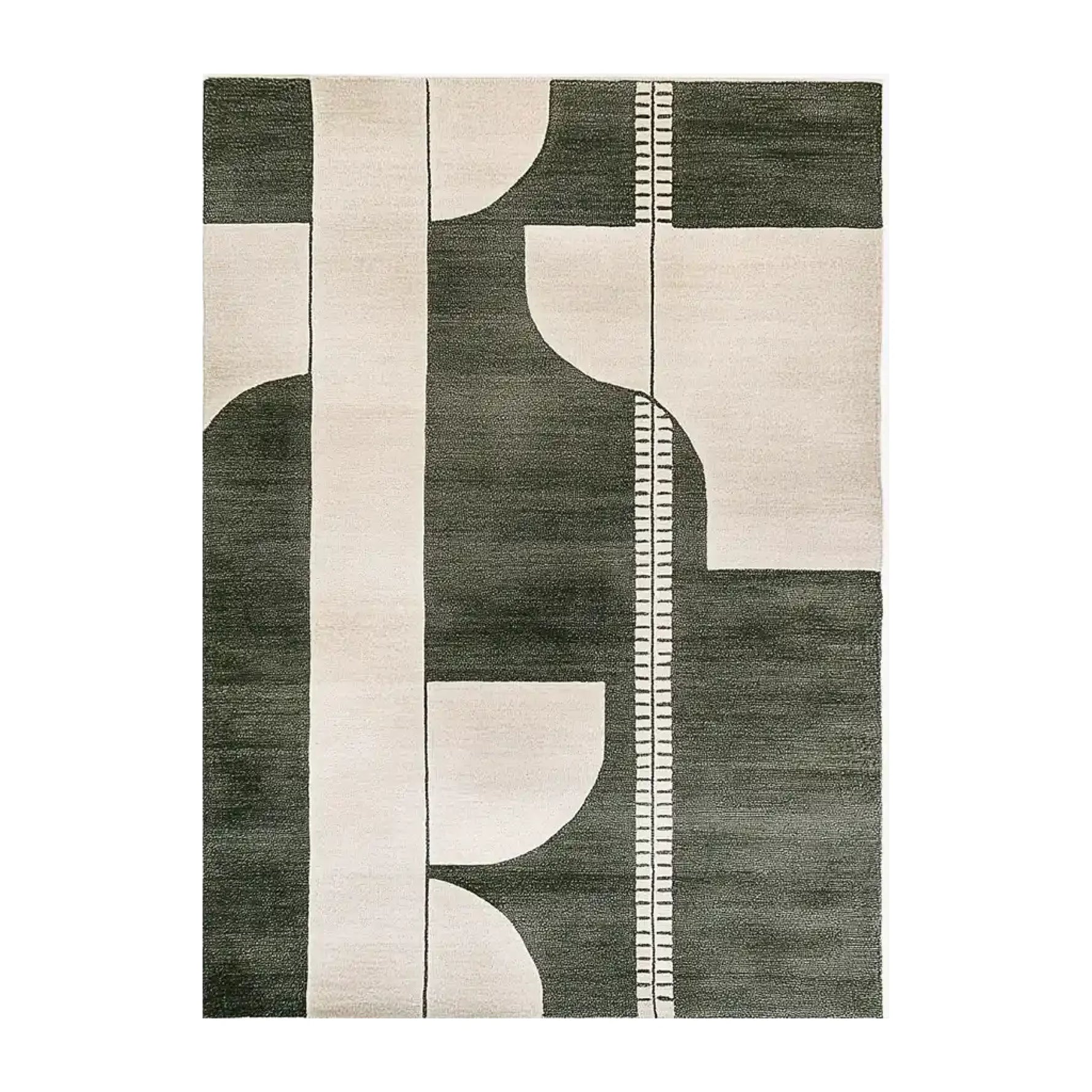 Top view of the Shadowed Elegance Knotted Wool Rug featuring a contemporary abstract design in shades of black and cream. This area rug, perfect for modern spaces, adds a touch of sophistication to any living room. Ideal size for living room rugs 8x10.