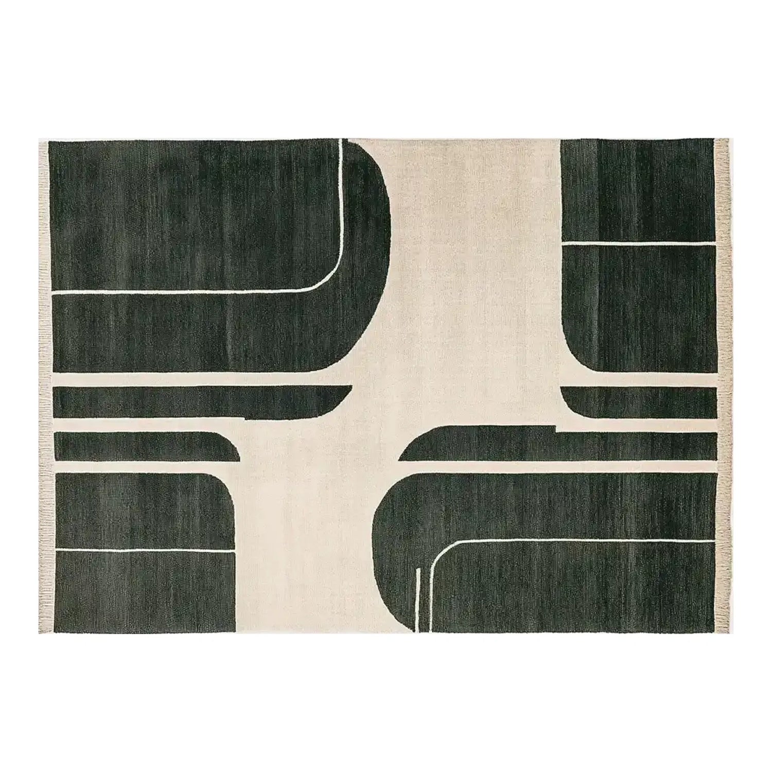 Top view of the Shadowed Grid Harmony Knotted Wool Rug, a contemporary area rug featuring a striking black and cream geometric design. Perfect as a wool rug for large living rooms, this area rug combines modern aesthetics with cozy texture.