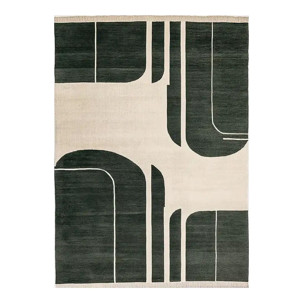 A contemporary area rug titled 'Shadowed Grid Harmony Knotted Wool Rug', featuring a modern geometric design in dark and light tones. This wool rug is perfect for large living rooms, adding a touch of elegance and style.