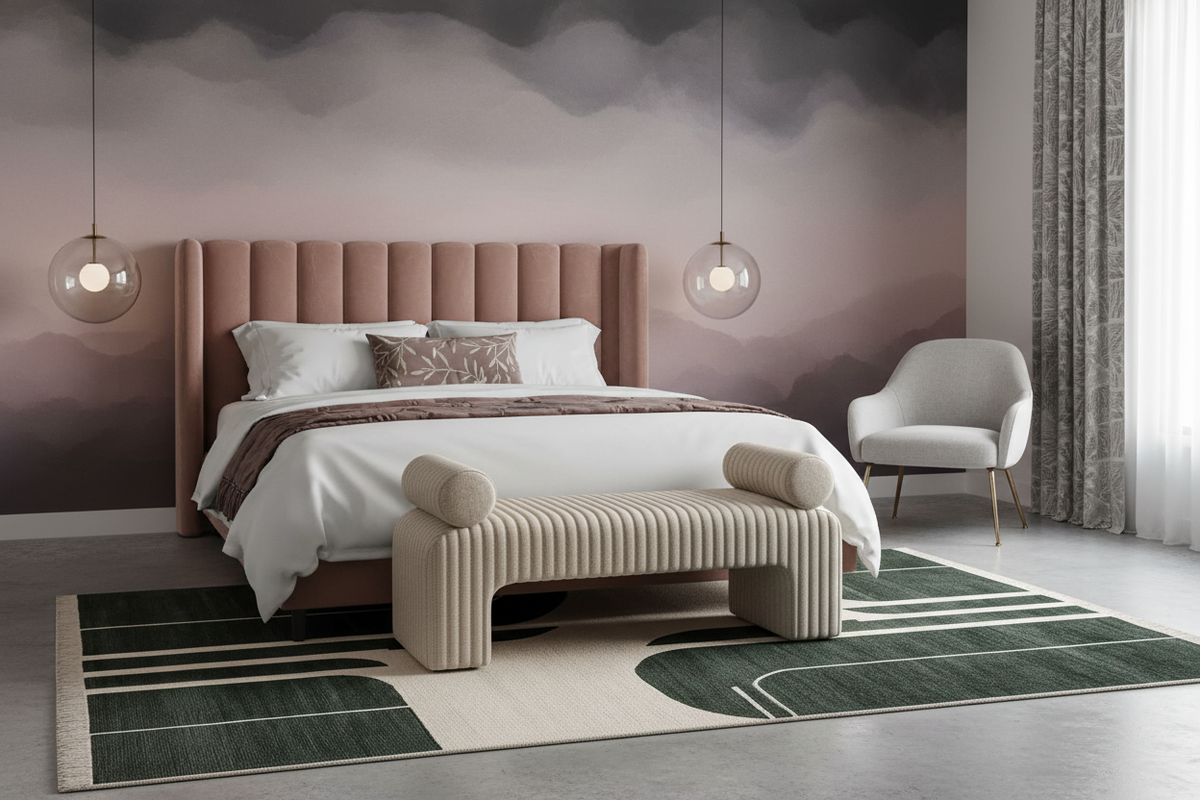 Modern bedroom with pink upholstered bed, white armchair, and geometric rug.