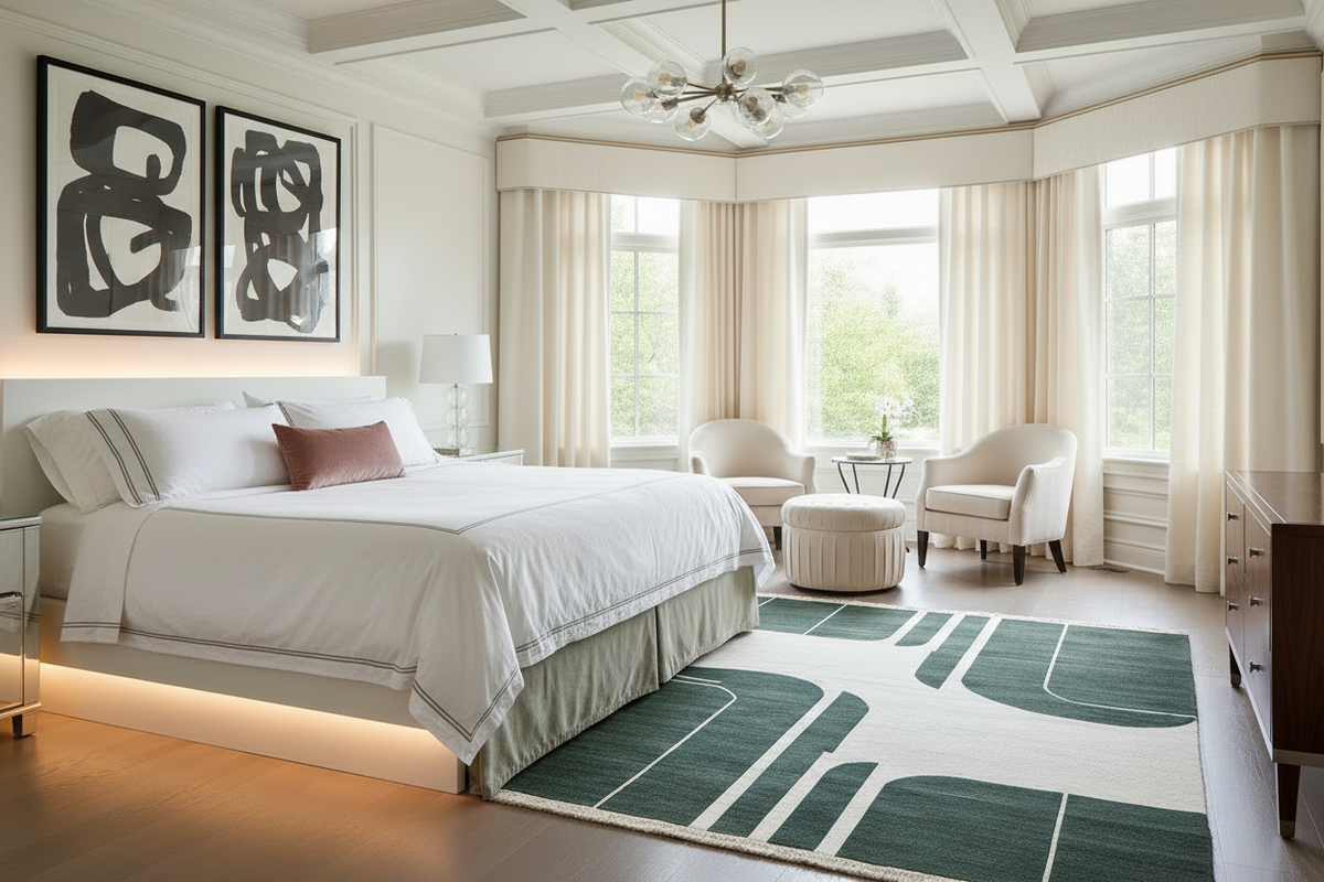 Modern bedroom with a bed, green rug, and decor