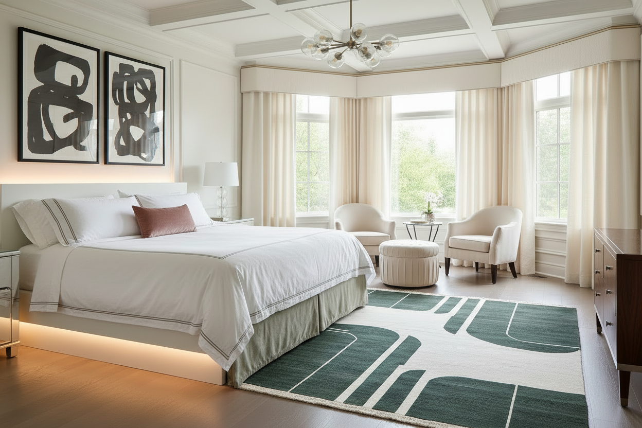 Modern bedroom with a bed, green rug, and decor