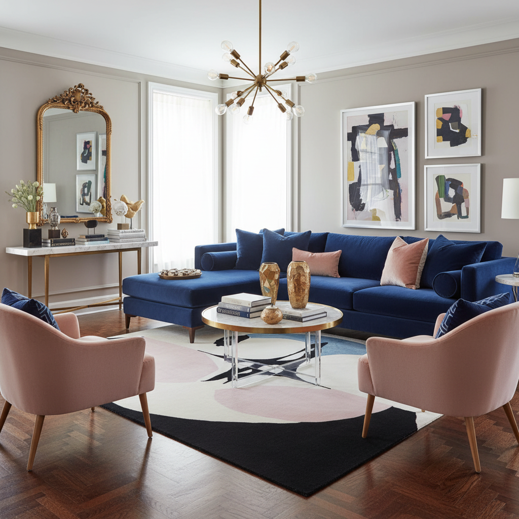 Modern living room with a blue sofa, an abstract wool rug, pink chairs, and abstract art on the wall.