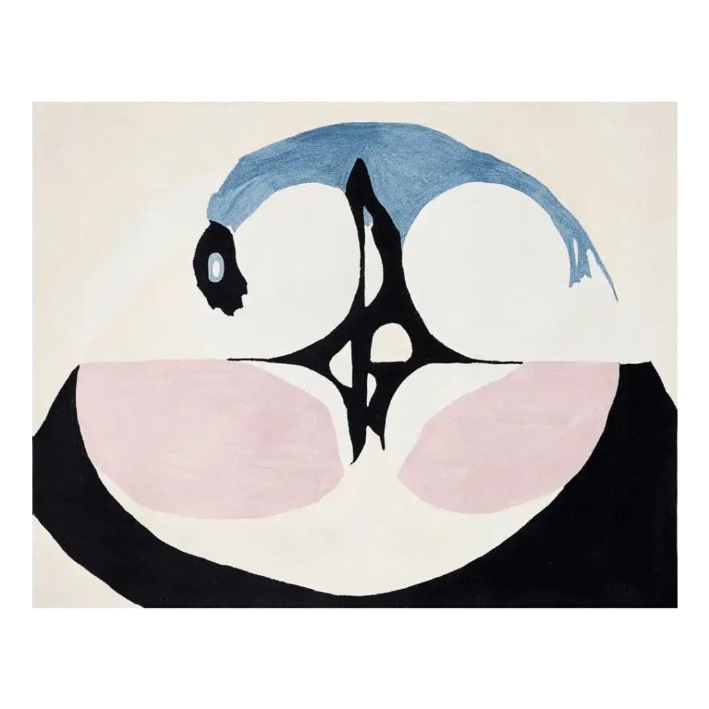 A contemporary hand-tufted wool area rug with an abstract design featuring bold black, soft pink, and calming blue shapes. Perfect for adding a modern touch to living room spaces, this 8x10 rug showcases a unique artistic pattern that stands out in any home decor.