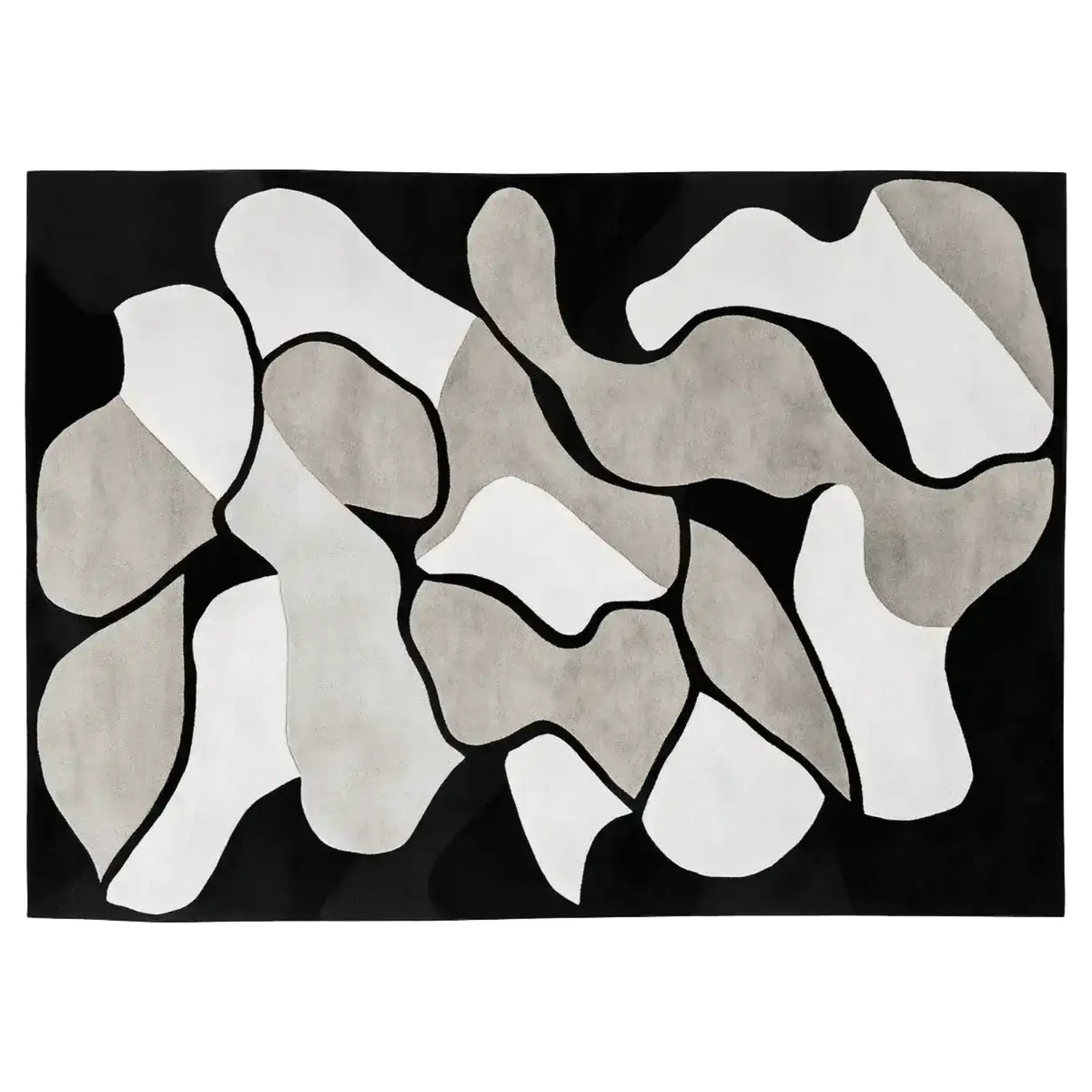 Contemporary Shadows in Motion hand-tufted area rug featuring an abstract design in shades of black, white, and gray. This wool rug is perfect for adding a modern touch to any living room, making it an ideal choice for those seeking stylish area rugs for their living space.