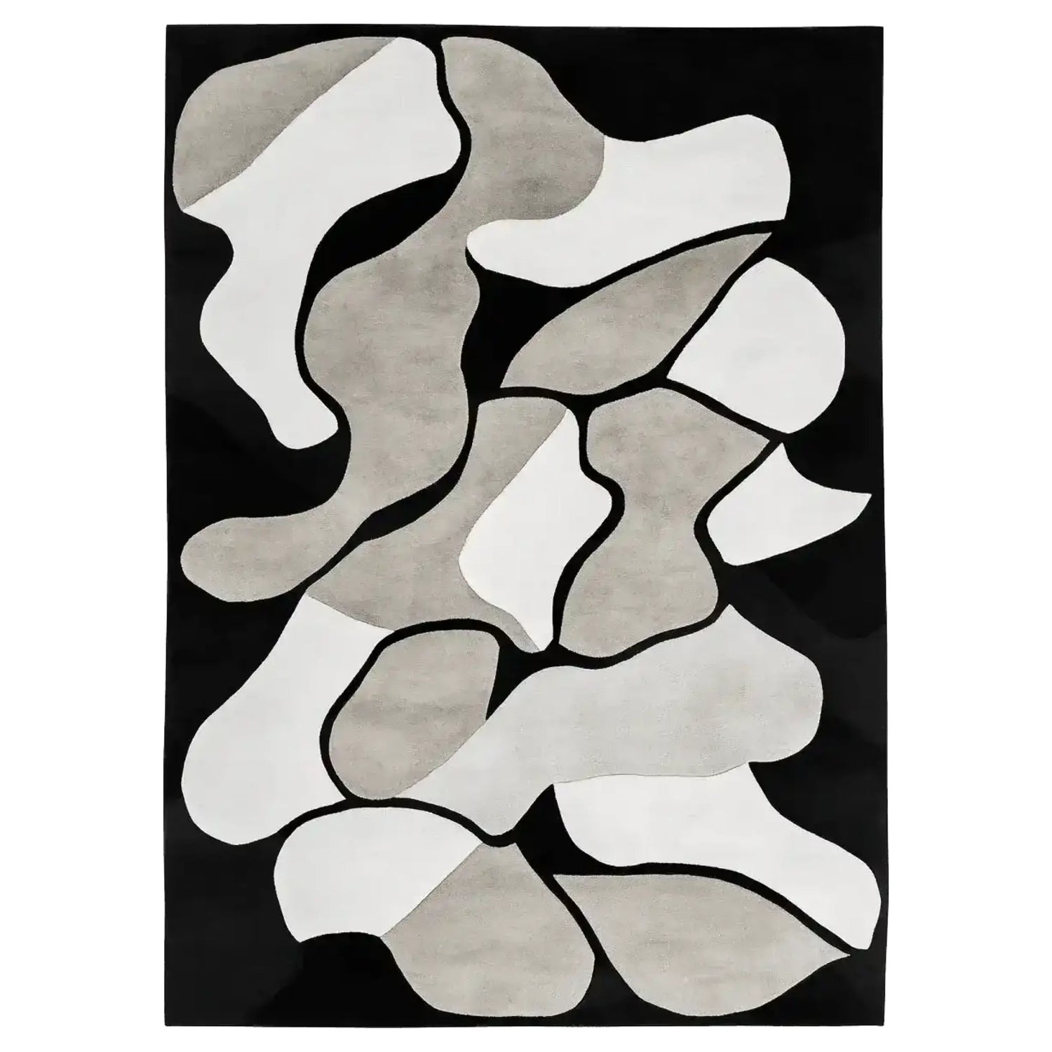 A contemporary hand tufted area rug featuring an abstract black, white, and gray pattern. This wool rug is perfect for adding a modern touch to living room area rugs. Its unique design makes it a standout piece among area rugs for living rooms.