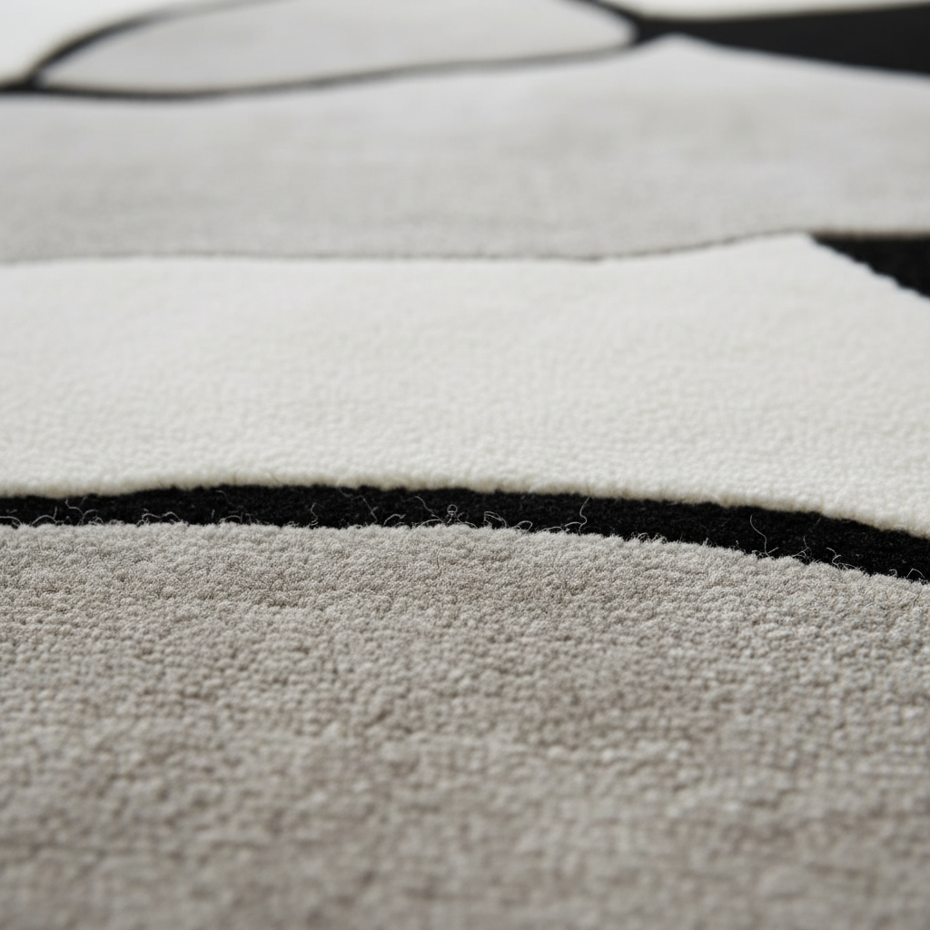 Close-up of a textured rug with black lines on a gray background