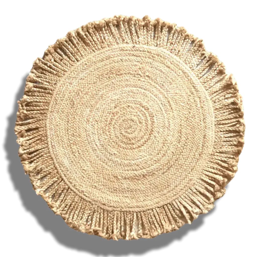 Top view of the Shala Fringed Natural Jute Rug, a beautiful round area rug perfect for dining rooms. This large area rug features intricate weaving and a charming fringed edge, making it an ideal dining table rug.
