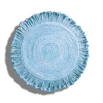 A beautifully crafted Shala Fringed Natural Round Jute Rug in a soothing blue color, perfect for adding a touch of elegance to your living room. This area rug features intricate weaving and a decorative fringe, ideal for living room rugs 8x10 or smaller spaces. Its round shape complements any living room area, making it a versatile choice for home decor.