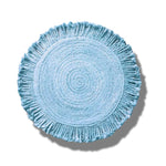 Top view of the Shala Fringed Natural Round Jute Rug in a soothing blue hue, perfect for adding a touch of elegance to your living room. This area rug is ideal for spaces needing an 8x10 living room rug, combining natural jute texture with a stylish fringe.