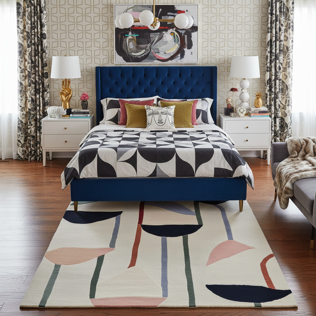Modern bedroom with a blue upholstered bed, geometric-patterned bedding, and abstract art on the wall.