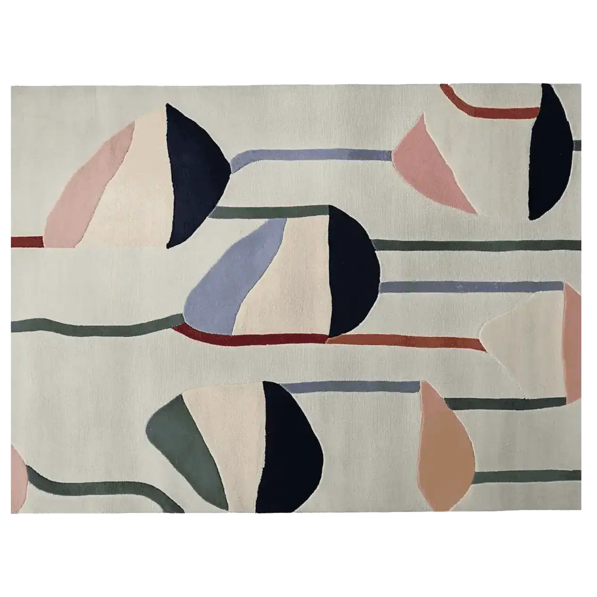 Top view of the Shape Line Flow Hand Tufted Rug, a contemporary wool area rug featuring an abstract design with curved lines and shapes in muted tones. Ideal for large living rooms, this elegant rug adds a modern touch to any space.