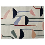 Top view of the Shape Line Flow Hand Tufted Rug, a contemporary wool area rug featuring an abstract design with curved lines and shapes in muted tones. Ideal for large living rooms, this elegant rug adds a modern touch to any space.