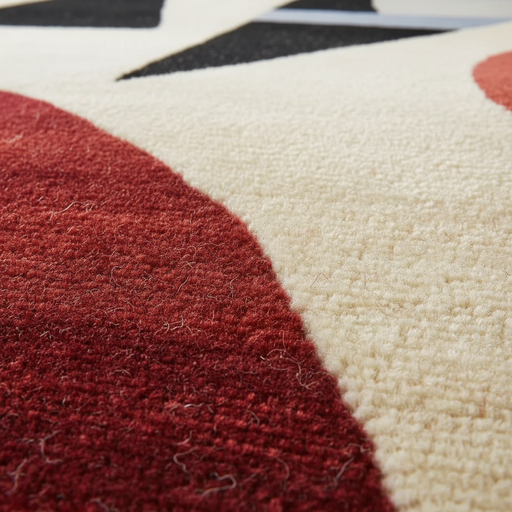 Close-up of a geometric-patterned rug with red, beige, and black colors.