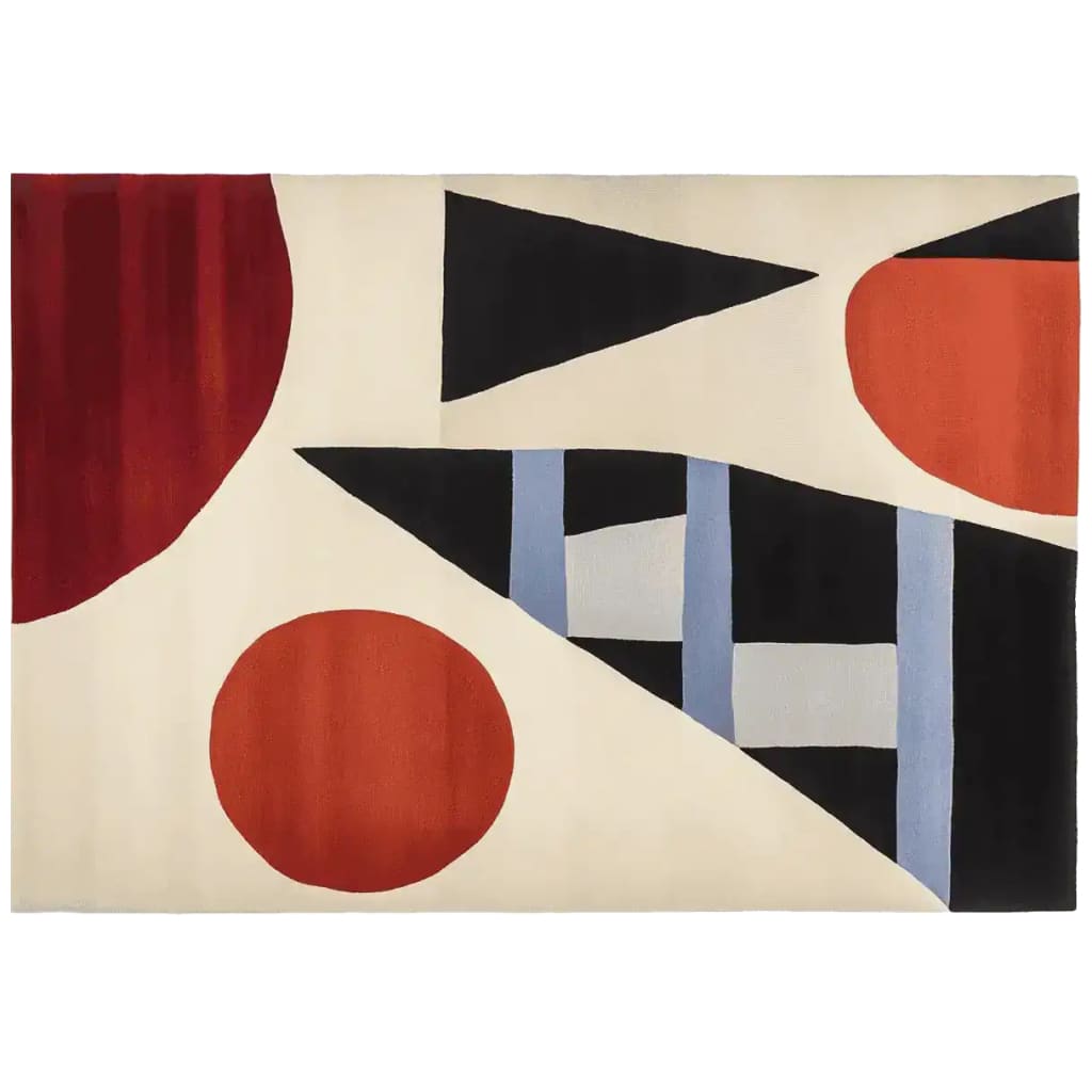 Top view of the Shape Rhythm Theory hand-tufted area rug, featuring bold geometric patterns in red, black, and blue on a cream background. This contemporary wool rug is perfect for adding a modern touch to any living room.