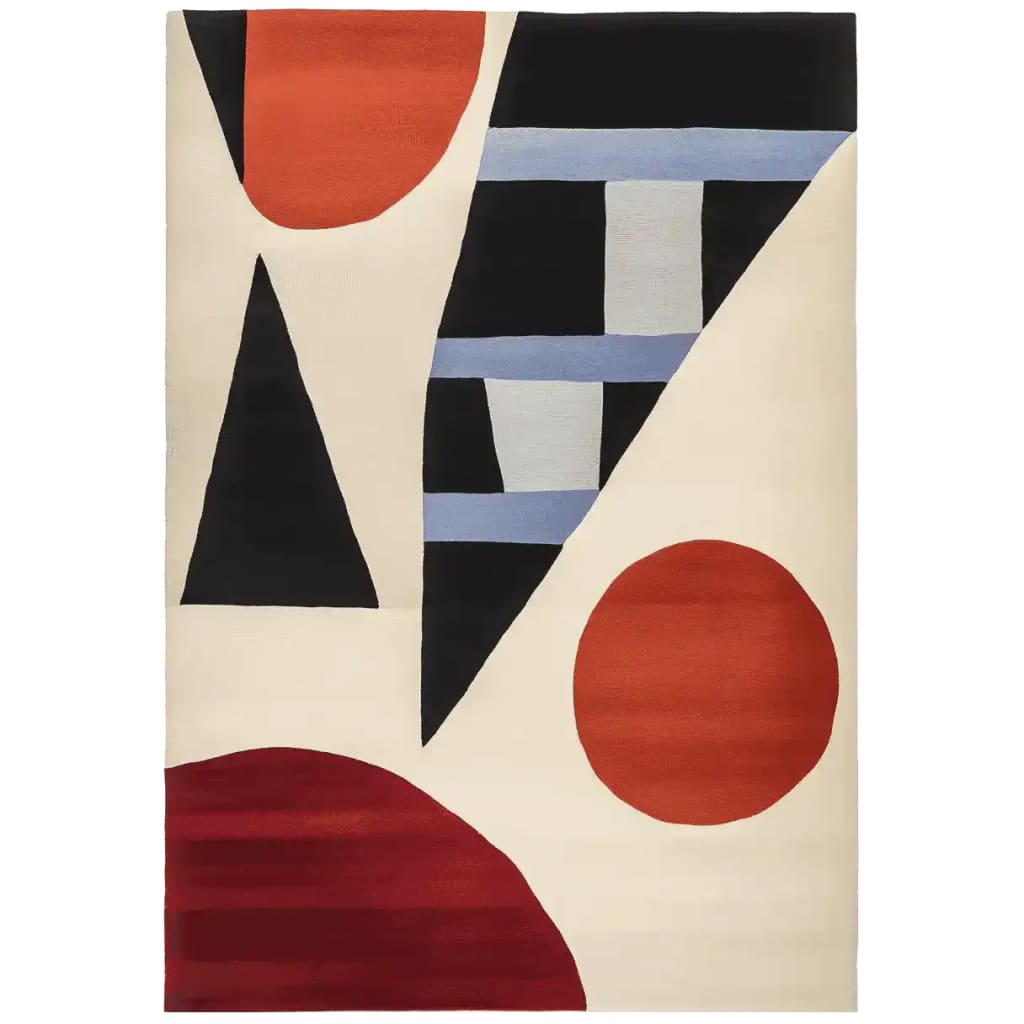 A vibrant, hand-tufted area rug featuring an abstract design with bold geometric shapes in red, black, and blue, perfect as a contemporary wool rug for modern living rooms.