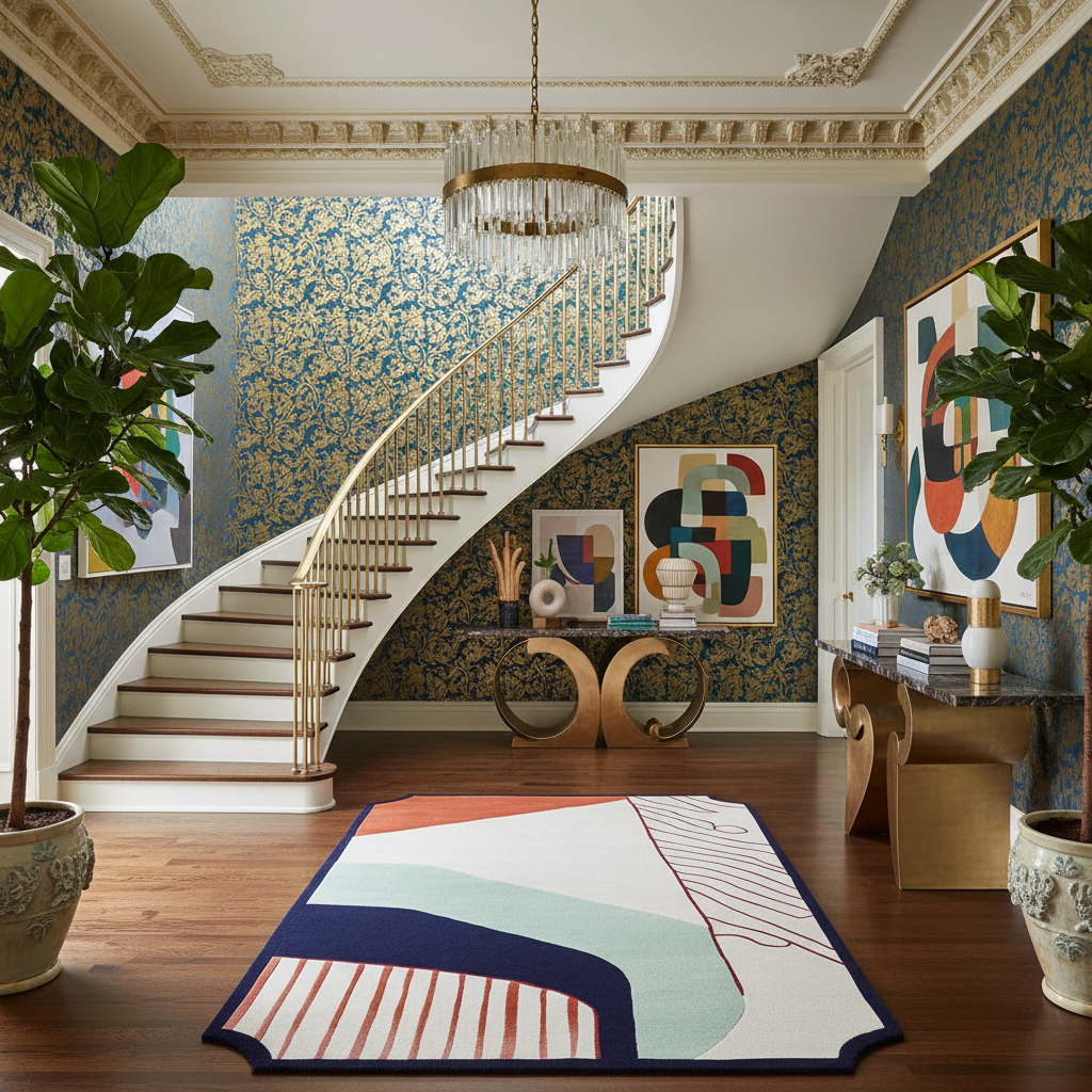 Staircase in a stylish room with decorative wall art and a colorful rug.