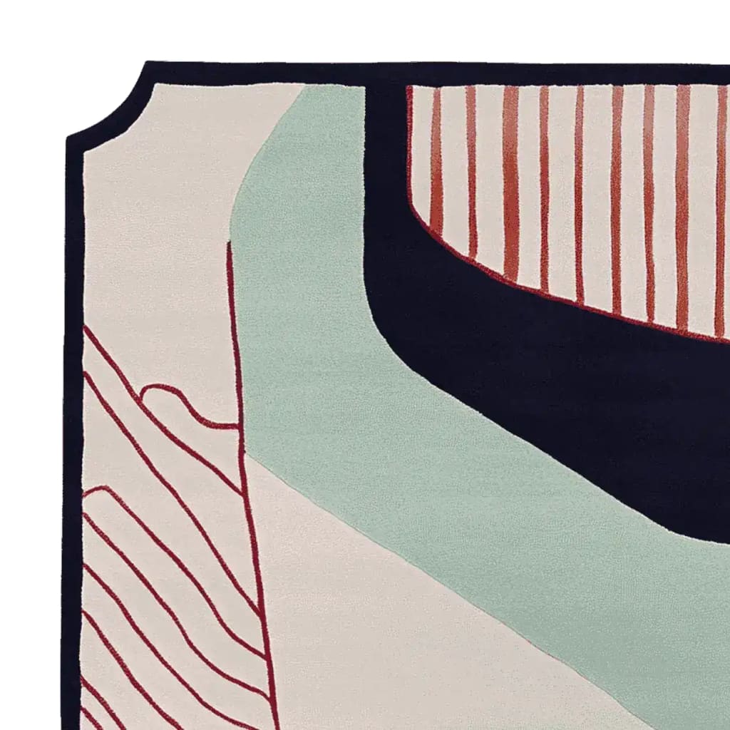 Close-up view of a contemporary wool area rug featuring an abstract design with bold lines and colors, ideal for a large living room. The 8x10 rug showcases a modern aesthetic, perfect for adding a stylish touch to any space.