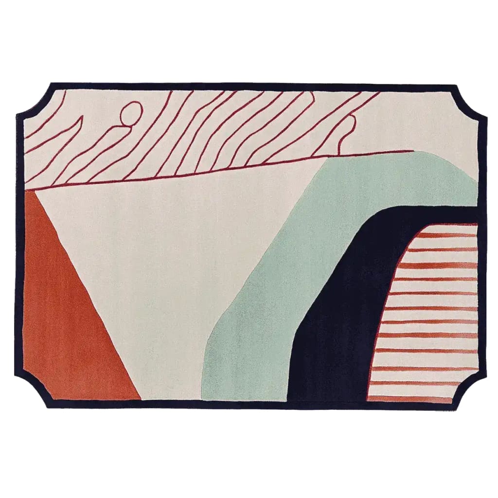 This contemporary wool area rug features a unique abstract design with bold geometric shapes in red, black, and light blue tones. Perfect for adding a stylish touch to large living rooms, this 8x10 hand-tufted rug combines modern flair with high-quality craftsmanship.