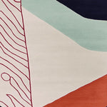 A contemporary area rug featuring a unique abstract design with wavy red lines on a cream background, accented by sections of teal and deep orange. This wool rug is perfect for adding a modern touch to large living rooms, especially in the popular 8x10 size.
