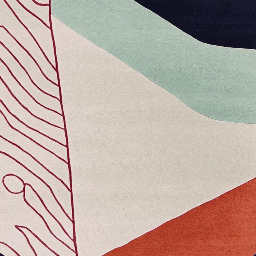 A contemporary area rug featuring a unique abstract design with wavy red lines on a cream background, accented by sections of teal and deep orange. This wool rug is perfect for adding a modern touch to large living rooms, especially in the popular 8x10 size.