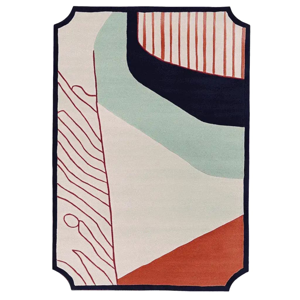 Top view of a contemporary hand-tufted area rug featuring an abstract design with bold colors and patterns. This wool rug is perfect for adding a modern touch to large living spaces, ideally suited as a living room rug in an 8x10 size.