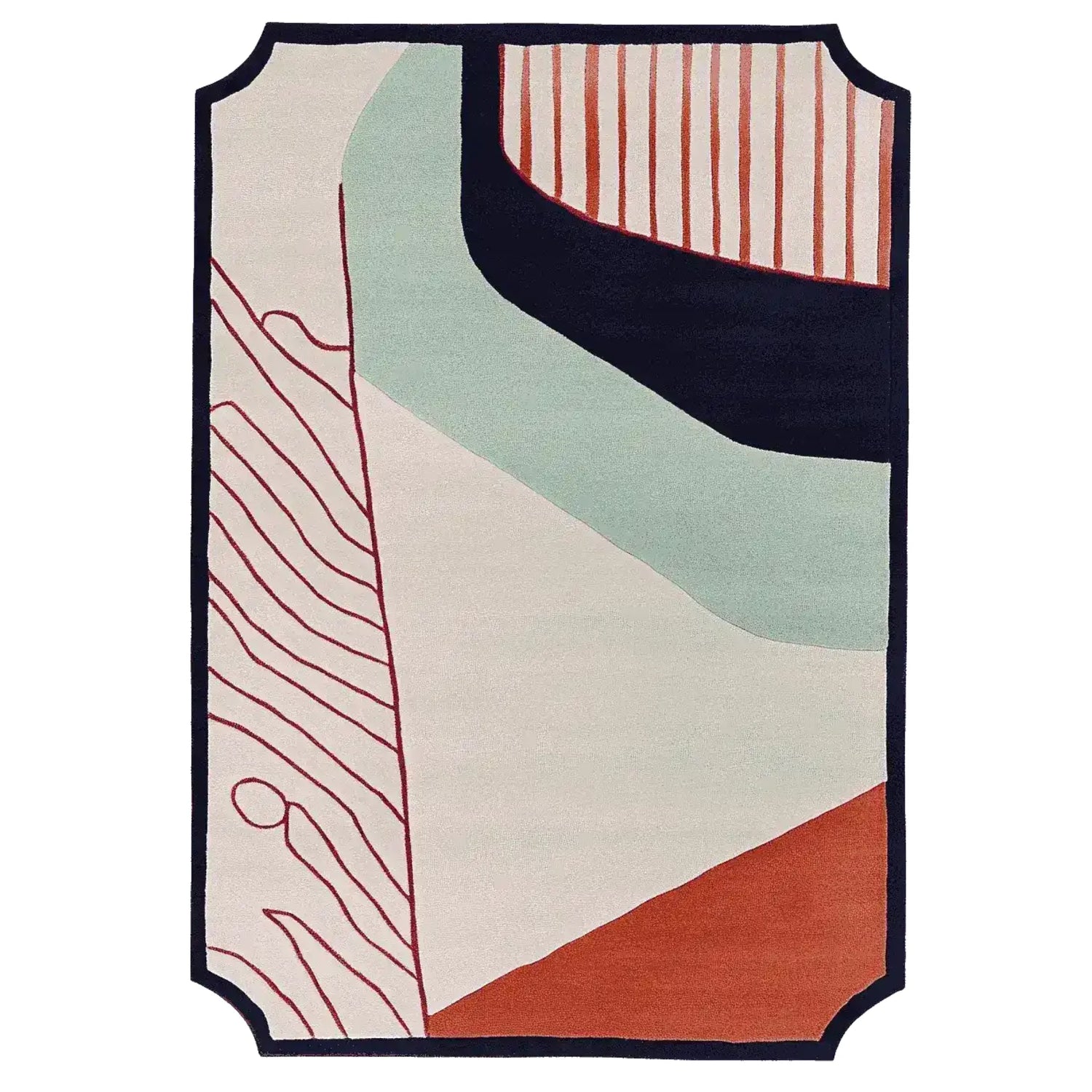 Staircase in a stylish room with decorative wall art and a colorful rug.