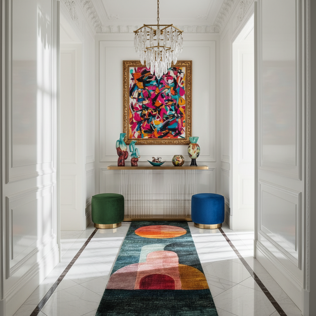 Colorful abstract painting on a wall above a colorful rug in a modern hallway.