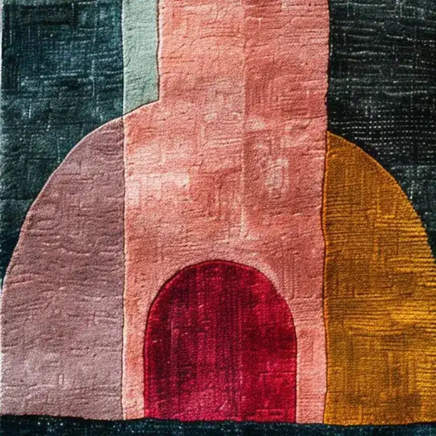 A close-up view of the Shapes Cape Hand Tufted Wool Runner Rug, showcasing its contemporary design with abstract geometric shapes in rich tones of pink, maroon, mustard, and dark shades. This area rug is perfect for adding a modern touch to your living room, hallway, or kitchen. Its wool texture makes it an ideal choice for a cozy kitchen runner rug or a stylish bathroom runner rug, enhancing any space with its artistic flair.