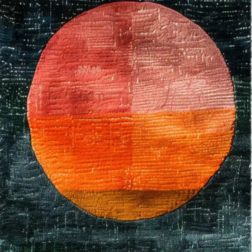 A vibrant hand-tufted wool area rug featuring a striking abstract circular design with shades of red, orange, and pink on a dark textured background. Perfect as a contemporary rug for kitchens, hallways, living rooms, or even as a bathroom runner rug.