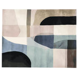 A vibrant area rug featuring a contemporary abstract design with soothing blue, beige, and black tones. This wool rug is perfect for adding a modern touch to large living rooms.