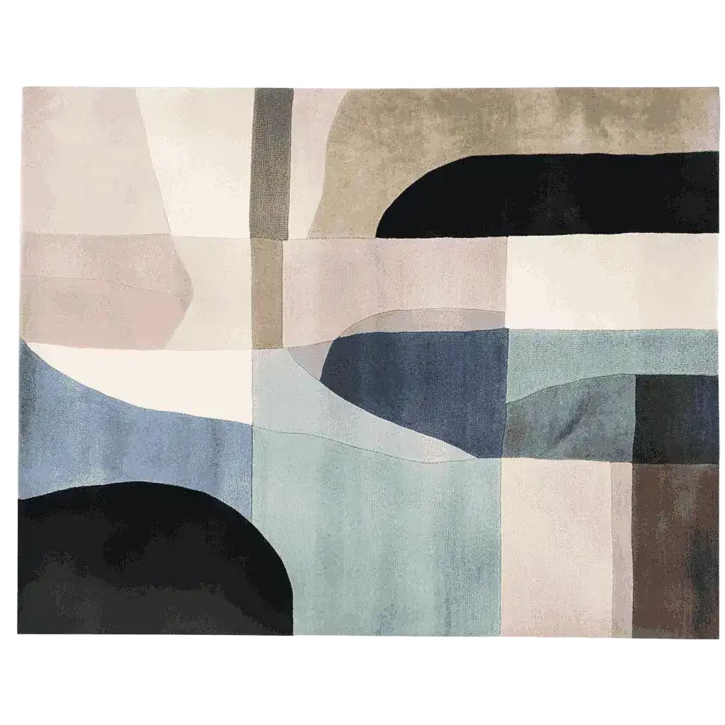 A vibrant area rug featuring a contemporary abstract design with soothing blue, beige, and black tones. This wool rug is perfect for adding a modern touch to large living rooms.