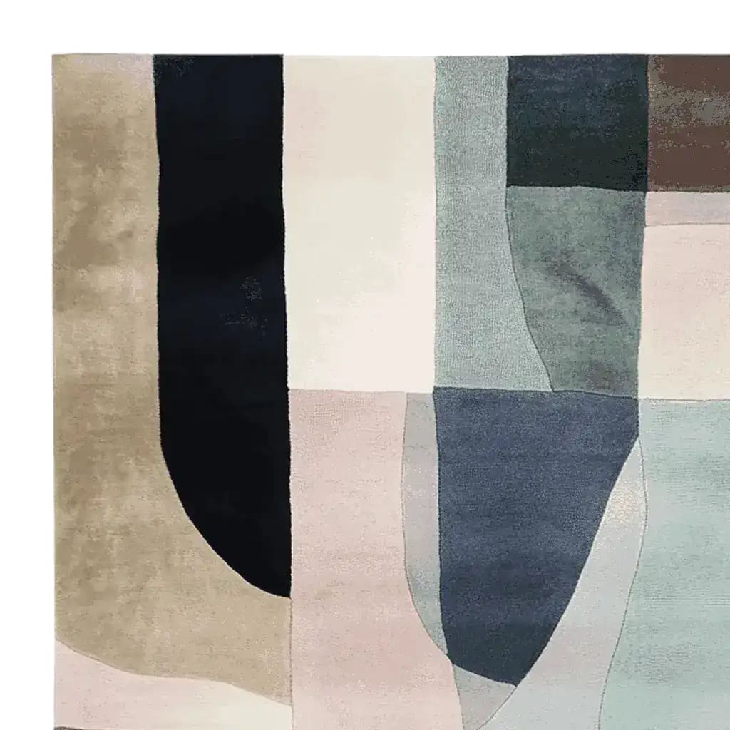 A contemporary area rug featuring an abstract design with soothing earth tones and geometric shapes. This hand-tufted wool rug is perfect for large living rooms, adding a modern touch to any space.