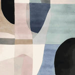 A contemporary area rug featuring an abstract design with soft, muted tones of blue, pink, and beige, crafted from wool. Perfect as a large living room rug, this hand-tufted piece adds a modern touch to any space.