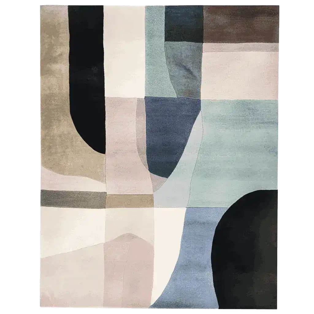 A contemporary area rug showcasing a blend of soft, muted colors in an abstract geometric pattern. This hand-tufted wool rug is perfect for adding a modern touch to large living rooms.