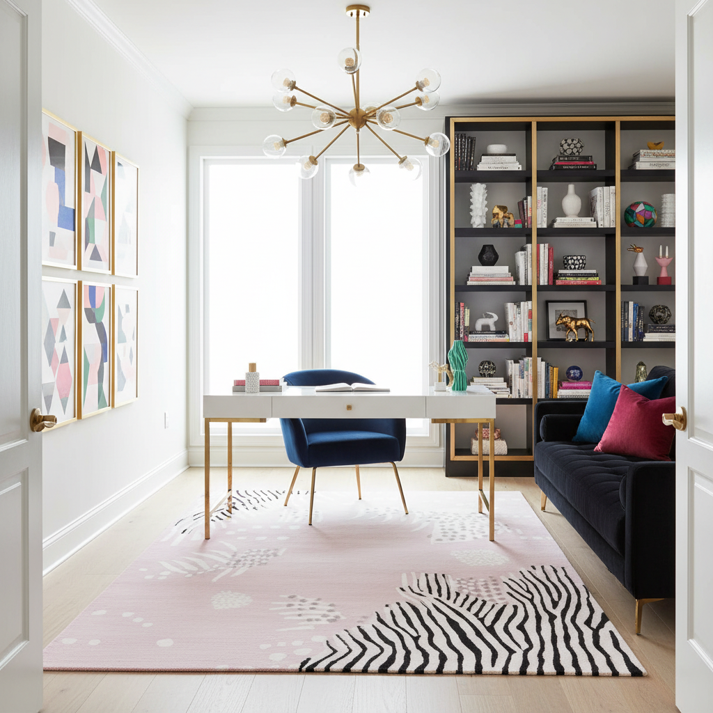 Modern home office room with a desk, bookshelf, and colorful pink wool rug.