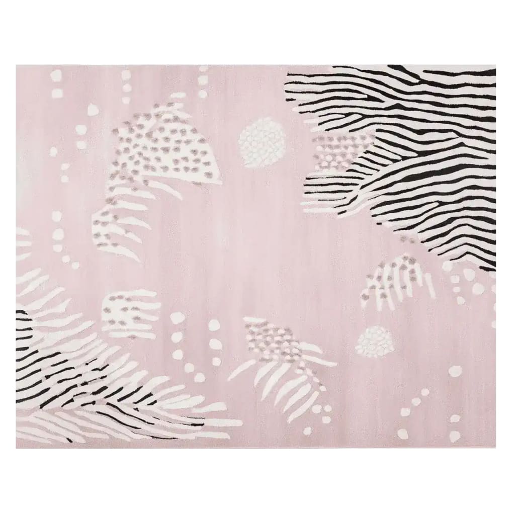 A contemporary area rug featuring an abstract design with black and white zebra-like stripes and dotted patterns on a soft pink background. This wool rug is perfect for large living room spaces, measuring 8x10, adding a modern touch to your decor.
