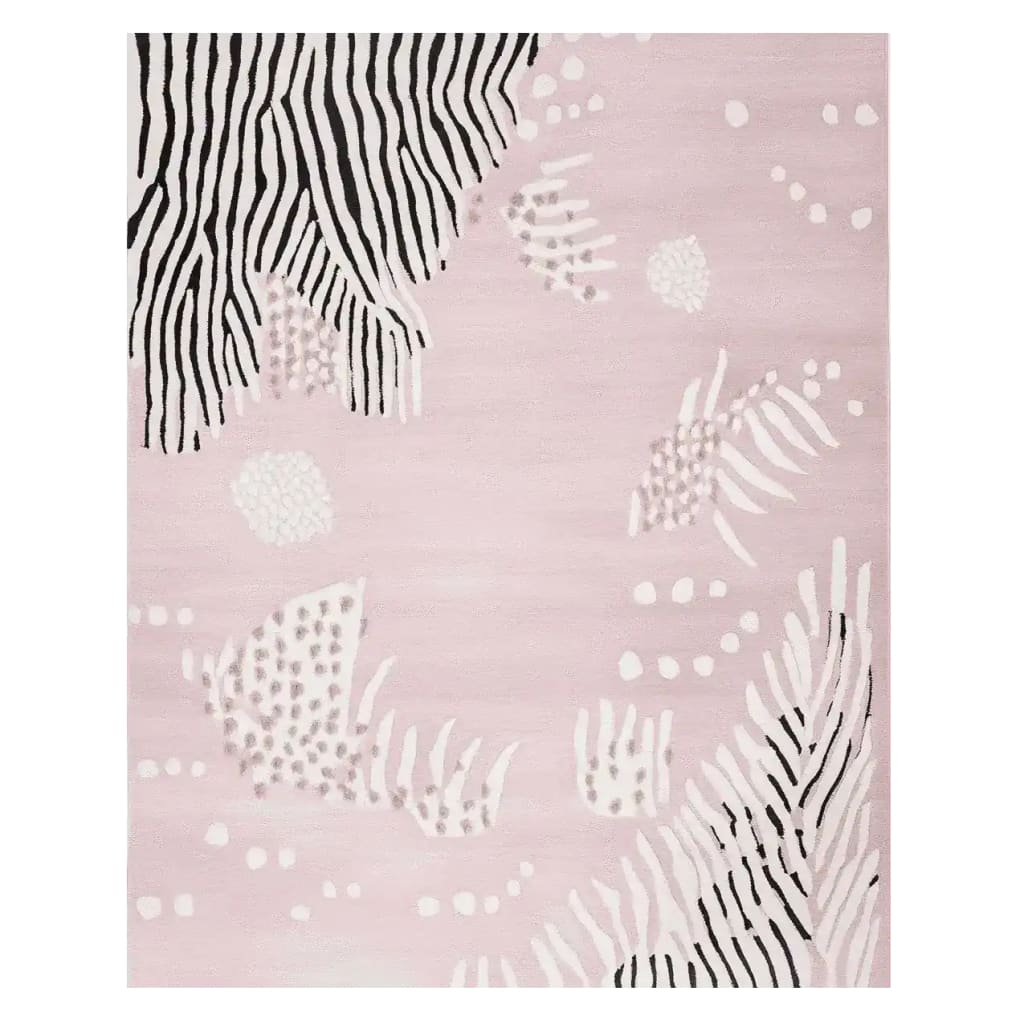 Shifting Lines Echo Hand Tufted Rug - a contemporary area rug featuring an abstract design with black and white stripes and soft pink background, perfect for large living room spaces. This wool rug adds a modern touch to your decor, fitting comfortably in 8x10 living room settings.