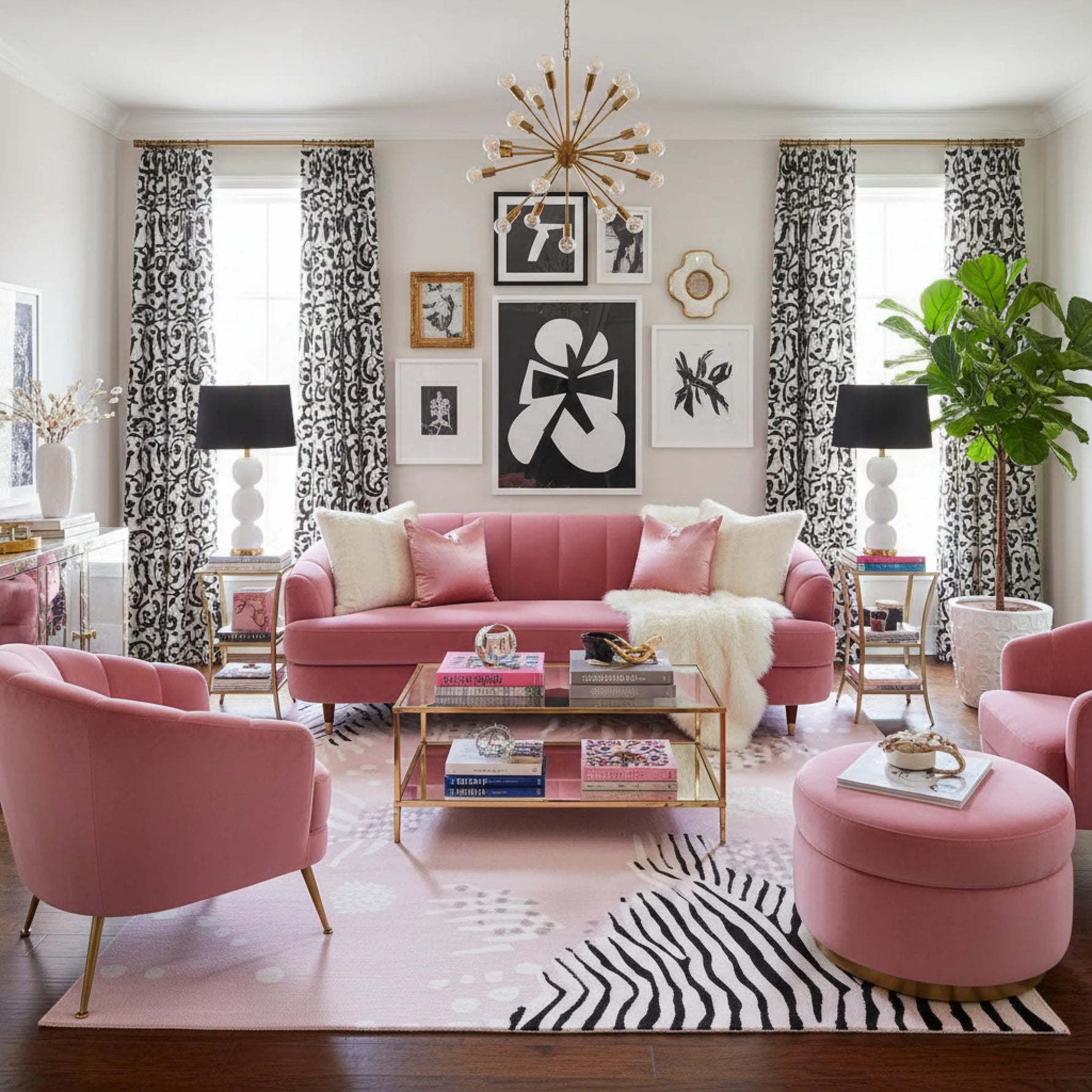 Living room with pink sofa, armchairs, and ottoman, featuring a pink abstract wool rug, decorative elements and artwork.