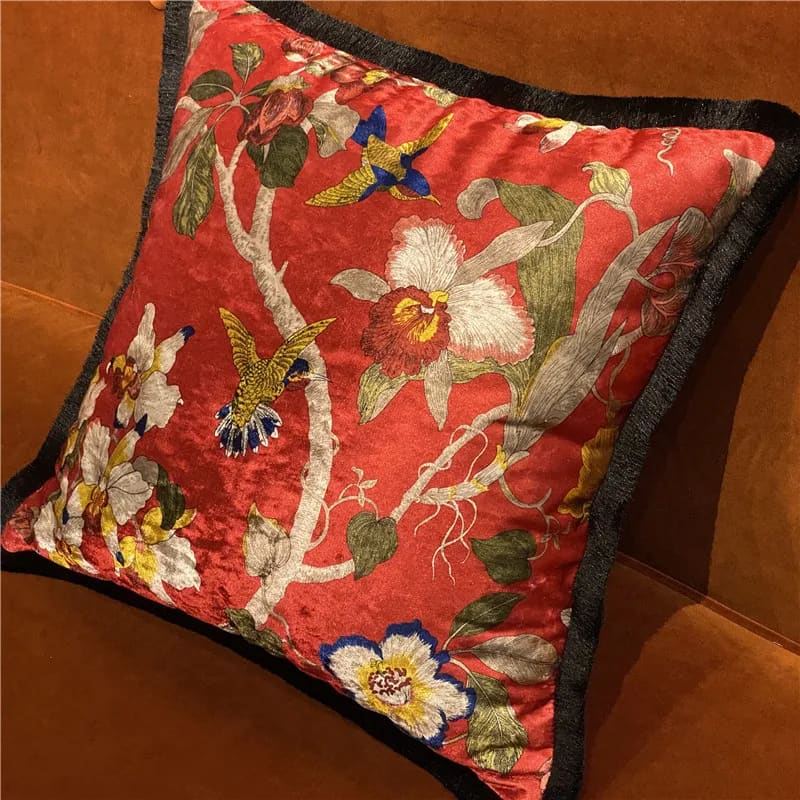 Shiny velvet scarlet aviary red throw pillow cover featuring vibrant floral and bird designs, perfect for adding a touch of elegance to any decor.