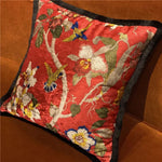 Shiny velvet scarlet aviary red throw pillow cover featuring vibrant floral and bird designs, perfect for adding a touch of elegance to any decor.