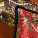 Shiny velvet throw pillow cover in scarlet red with floral design, perfect for adding a touch of elegance to any decor.