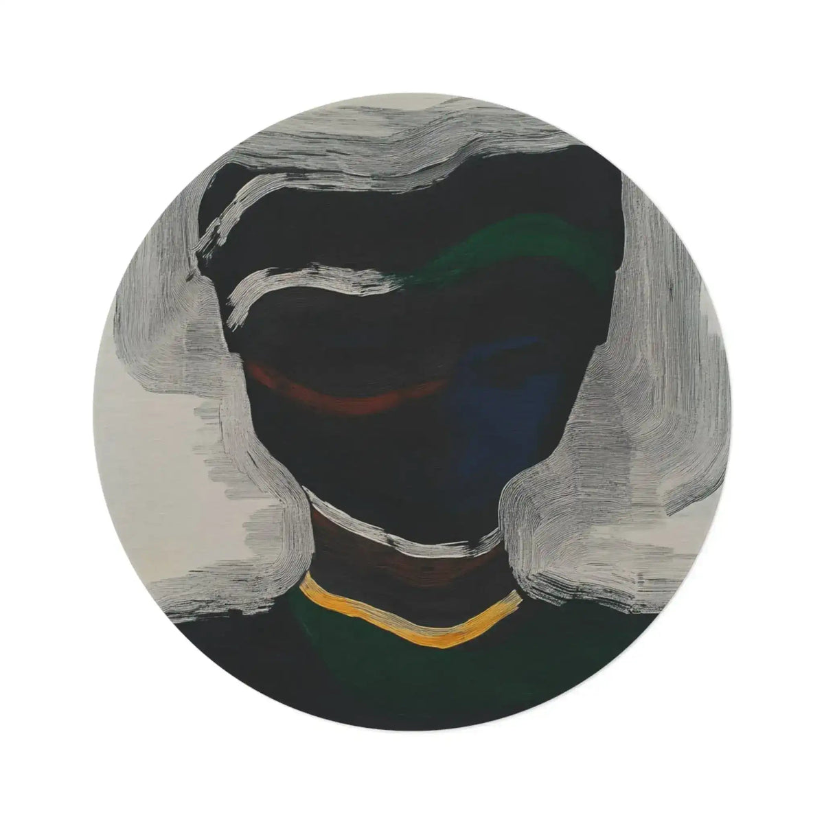 Round rug with dark abstract painted portrait showing grey brushstroke waves flanking dark green central form with gold accent, Silent Currents Round Rug
