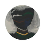 Round rug with dark abstract painted portrait showing grey brushstroke waves flanking dark green central form with gold accent, Silent Currents Round Rug