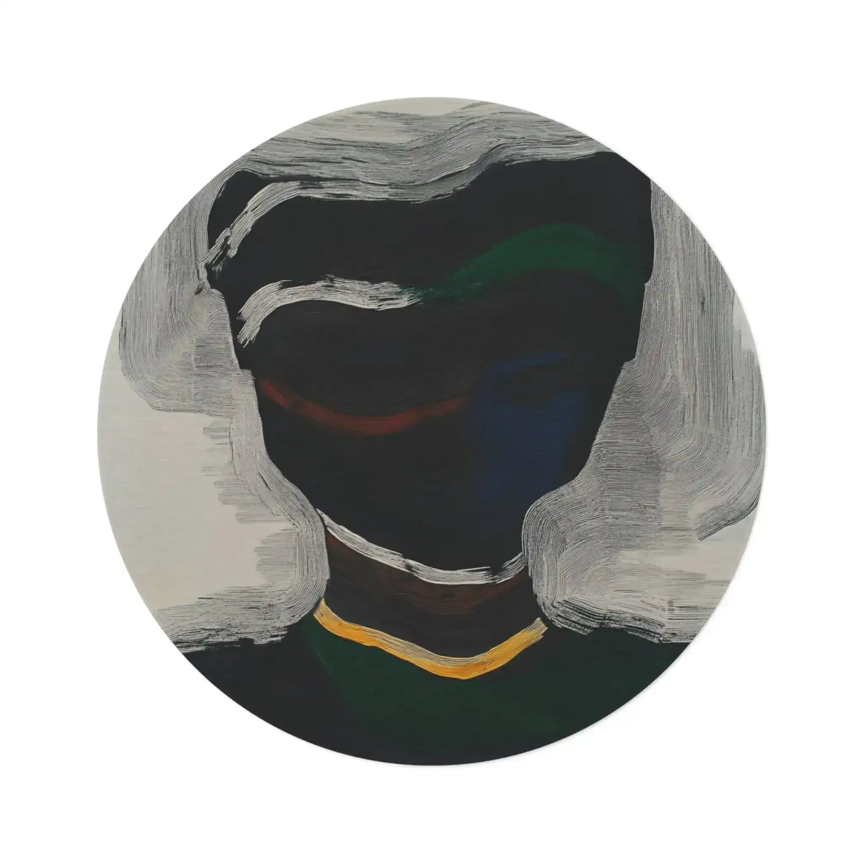 Round rug with dark abstract painted portrait showing grey brushstroke waves flanking dark green central form with gold accent, Silent Currents Round Rug